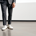 A professional male in a modest, tailored charcoal grey business suit, wearing elegant Brunello Cucinelli-style minimalist white leather sneakers. The subject is standing naturally in a sunlit, modern, high-end office with clean lines and subtle luxury decor, showcasing the precise stitching and premium leather texture of the shoe. Perfect anatomy, correct proportions, natural pose, well-formed hands, proper finger count, natural body proportions. High-resolution professional product photography, sharp focus, sophisticated aesthetic, timeless. Safe for work, appropriate content, fully clothed, professional dress.