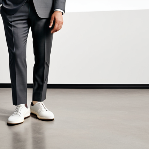 Home 4 A professional male in a modest, tailored charcoal grey business suit, wearing elegant Brunello Cucinelli-style minimalist white leather sneakers. The subject is standing naturally in a sunlit, modern, high-end office with clean lines and subtle luxury decor, showcasing the precise stitching and premium leather texture of the shoe. Perfect anatomy, correct proportions, natural pose, well-formed hands, proper finger count, natural body proportions. High-resolution professional product photography, sharp focus, sophisticated aesthetic, timeless. Safe for work, appropriate content, fully clothed, professional dress.