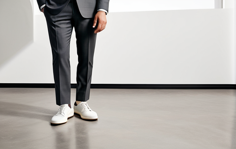 A professional male in a modest, tailored charcoal grey business suit, wearing elegant Brunello Cucinelli-style minimalist white leather sneakers. The subject is standing naturally in a sunlit, modern, high-end office with clean lines and subtle luxury decor, showcasing the precise stitching and premium leather texture of the shoe. Perfect anatomy, correct proportions, natural pose, well-formed hands, proper finger count, natural body proportions. High-resolution professional product photography, sharp focus, sophisticated aesthetic, timeless. Safe for work, appropriate content, fully clothed, professional dress.
